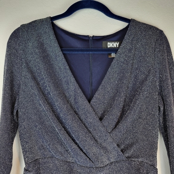 NWT DKNY Metallic Knit Surplice Mini Dress Navy/Silver Size 6 - Picture 7 of 15